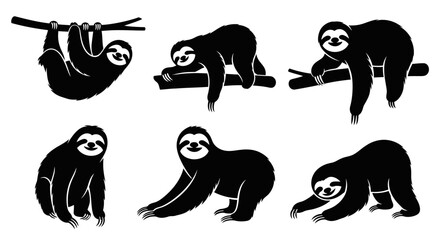 Fototapeta premium Set of Black Silhouette Slogans of Sloths in Different Poses on White Background