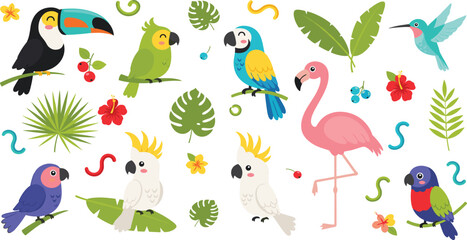 Fototapeta premium Tropical Birds Vector Set Featuring Toucan, Parrot, Flamingo, Cockatoo, and Hummingbird with Jungle Leaves and Flowers for Wildlife Illustration and Design Projects.