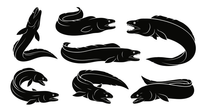 Set of Black Silhouette Moray Eels, Marine Life Illustrations