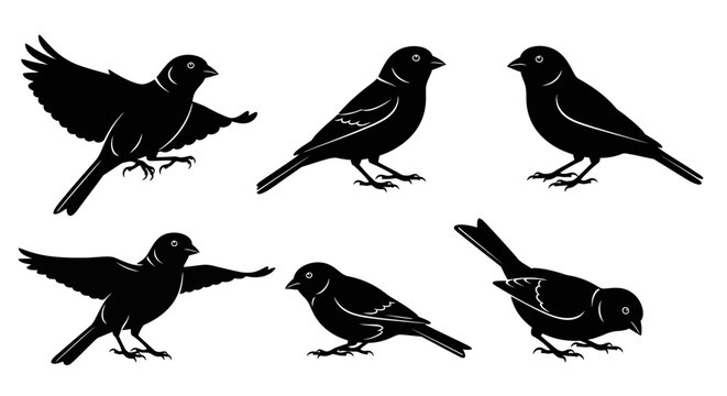 Set of black silhouettes of birds in various poses on a white background