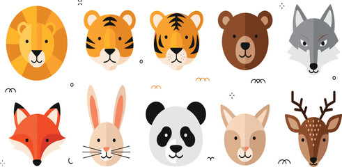Fototapeta premium Animal Face Icons Vector Set Featuring Lion, Tiger, Bear, Wolf, Fox, Rabbit, Panda, Goat, and Deer in Flat Cartoon Style Design.