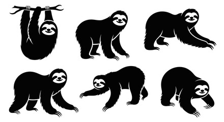 Fototapeta premium Set of Black Sloth Silhouettes in Various Poses - Hanging, Walking, Crawling