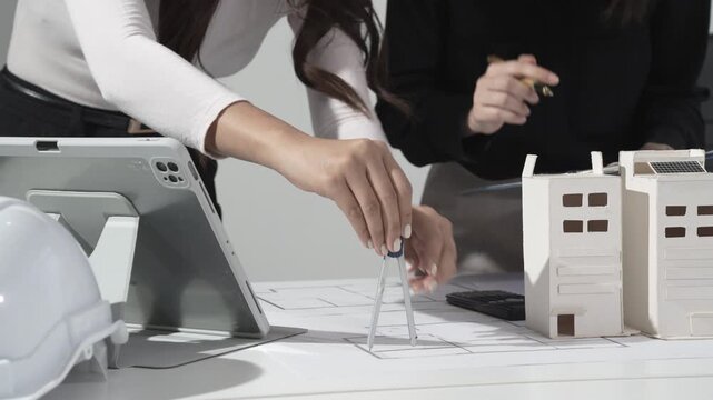 Architects working at desk with house scale models, blueprint plans, digital tablet and hard hat, hands arranging miniature structure in bright studio.
