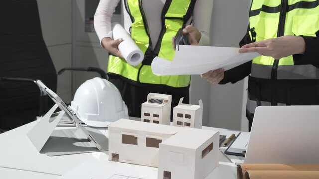 Two people in reflective vests reviewing architectural plans at a desk with white hard hat, small building models, laptop and rolled blueprints
