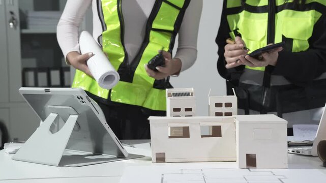 Construction team in safety vests reviewing architectural model and blueprints at office desk with tablet and tools, planning building project.