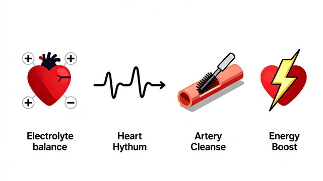 Electrolyte balance, stable heart rhythm, blood vessel clearing, energy boosting heart care icon, cardiovascular comprehensive health care, and promotion of cardiovascular and cerebrovascular health.

