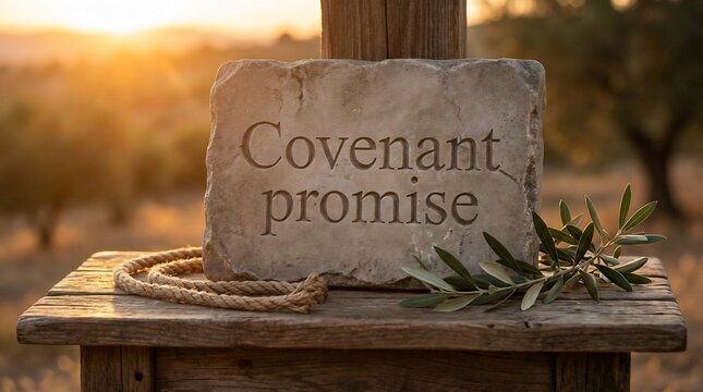 Covenant Promise carved in a stone tablet with an olive branch and rope at sunrise.