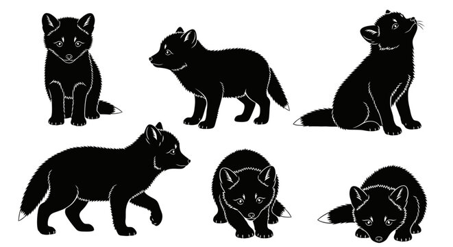 Set of Black Fox Silhouettes in Various Poses on White Background