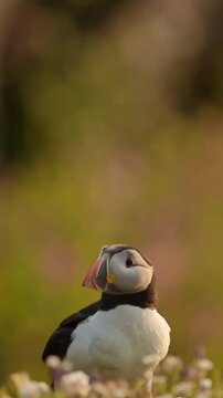 Beautiful Atlantic puffin stands alertly among low-lying coastal vegetation while bathed in the warm glow of soft golden hour sunlight during summer breeding season.