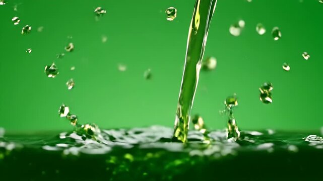 Detailed Cinematic Pour of Vibrant Green Centella Asiatica Tonic Liquid Creating Splashes Against a Smooth Bright Green Backdrop with Studio Lighting