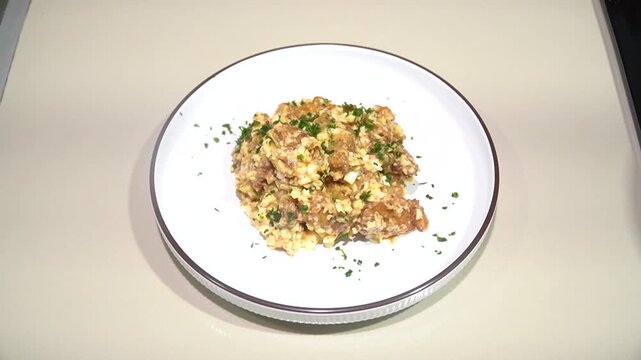 Professional Chef Serving Japanese Chicken Nanban With Creamy Tartar Sauce