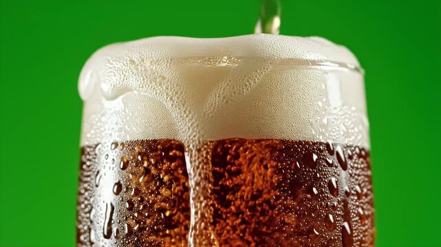 Detailed Close-Up Of Dark Fermented Root Beer Poured Into A Frosted Glass With Overflowing White Foam Against A Vibrant Green Studio Background With Bubbles And Condensation