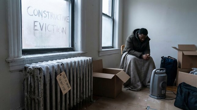 Despondent person sits alone in a cold empty apartment after receiving an eviction notice.