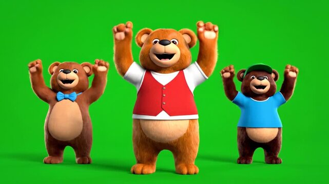 Three animated teddy bears dancing happily on a green screen background for children&rsquo;s animation and video production footage