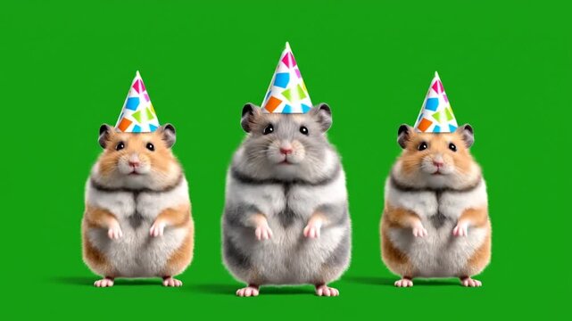 Three adorable hamsters wearing colorful party hats on a green screen background dancing joyfully together, celebrating a happy event with fun festive movements and cheerful expressions