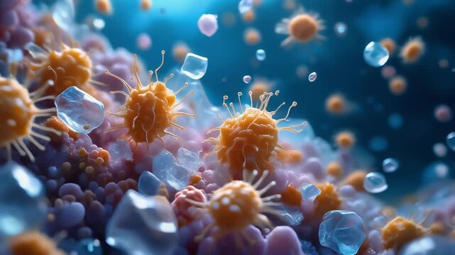 Visualization of bacteria breaking down microplastic. Semi-realistic microscopic scene highlighting biodegradation, environmental science, and microbial interaction.
