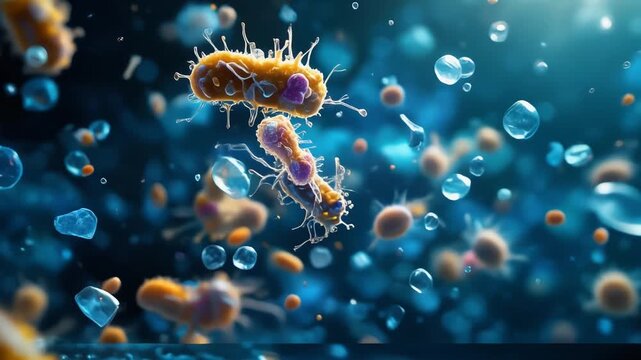Visualization of bacteria breaking down microplastic. Semi-realistic microscopic scene highlighting biodegradation, environmental science, and microbial interaction.

