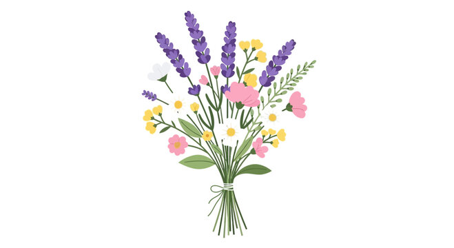 Vector bouquet of flowers, purple lavender, pink roses, yellow daisies