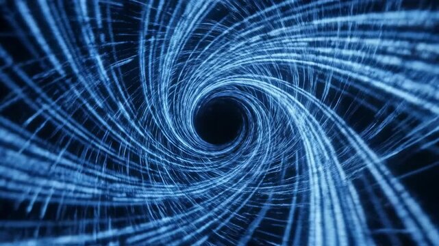 Abstract blue digital vortex with flowing light trails creating a sense of depth and movement, showcasing a continuous spiral pattern in a dark background