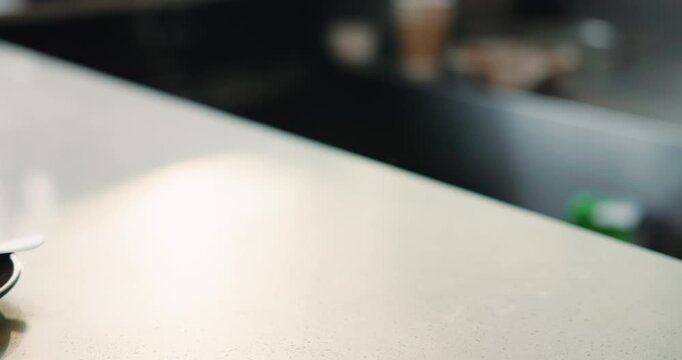 People, hands and coffee in restaurant for order, hospitality industry or offer for morning espresso. Give drink, customer or barista in cafe, service for latte purchase or support for small business