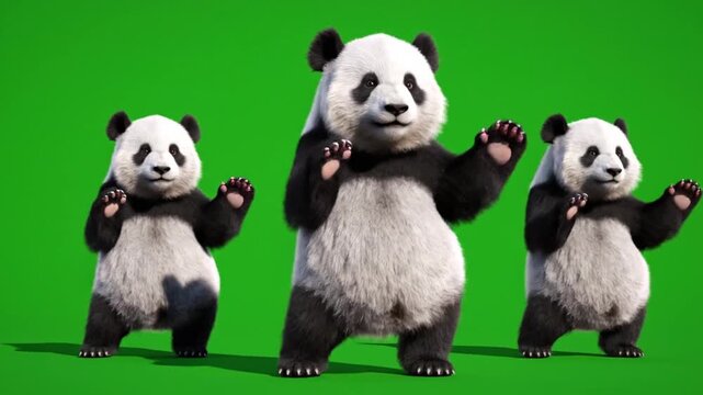 Cute pandas dance happily in studio with green screen background showing joy and playful movements adorable animals captured in lively animated footage celebrating friendship and fun moments in nature