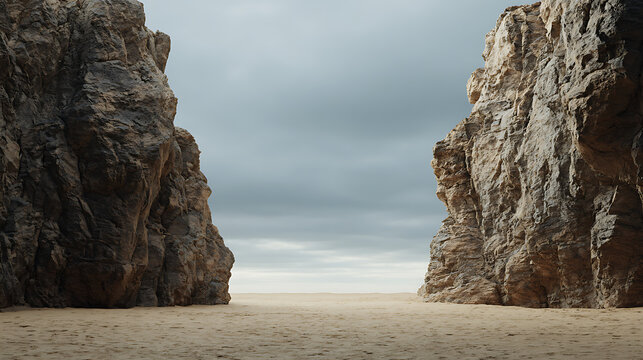 Rugged rock cliffs flanking a sandy beach path under cloudy sky isolated on transparent background
