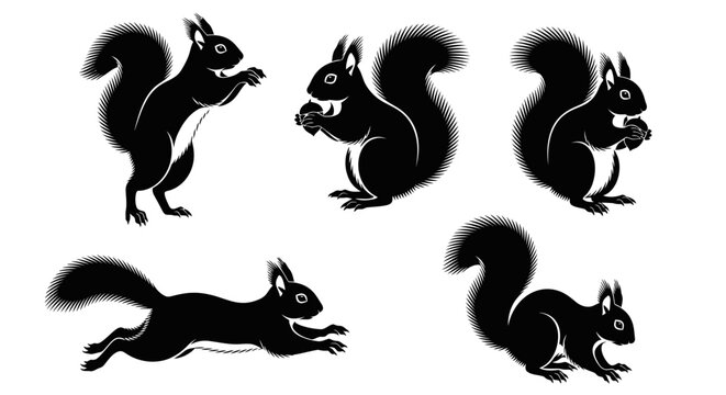 Set of Black Squirrel Silhouettes in Various Poses - Running, Jumping, Eating