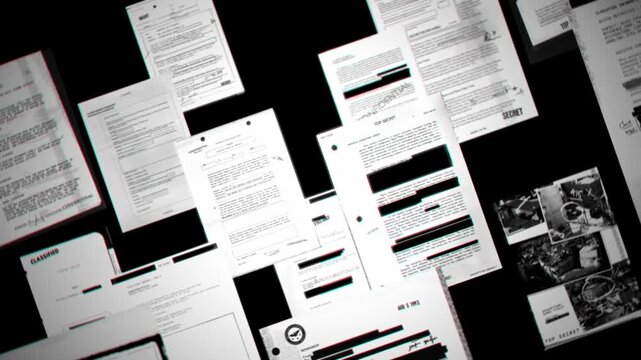 Classified top secret files and documents flicker in and out against black background. Flying in abstract space. Conspiracy cover up or leaked exposed government spy agency sensitive information data