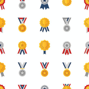Repeating pattern of various gold and silver award medals with ribbons