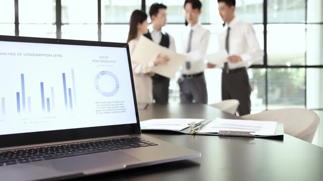 Professional leader discusses sample analysis results, talking with colleagues exchanging ideas in crucial corporate meeting. The team collaborates, exchanging ideas and planning future strategies