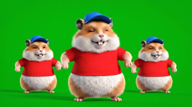 Three animated hamsters wearing red shirts and blue caps dancing energetically on a green screen background, joyful movement, funny characters, celebration, fun, happy, dancing rodents