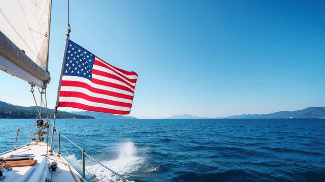 Sailboat's prow cutting through blue ocean waves. American flag waving sharply from the mast against coastal mountains. Summer travel and patriotism concept