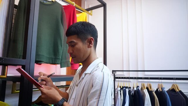 Young Retail worker checking stock of colorful shirts and sweatshirts on display rack at fashion store