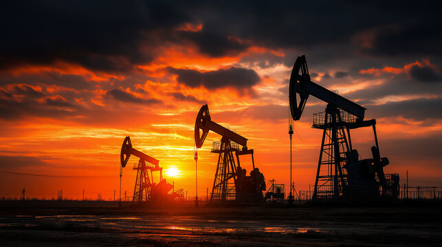 energy crisis concept in Southeast Asia, oil pumpjack silhouette against tropical sunset sky