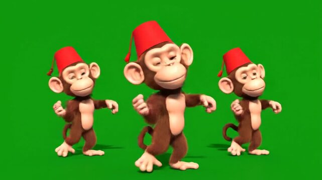 Three animated monkeys wearing red fezzes dancing and moving on green screen background, fun cartoon characters entertaining with playful gestures