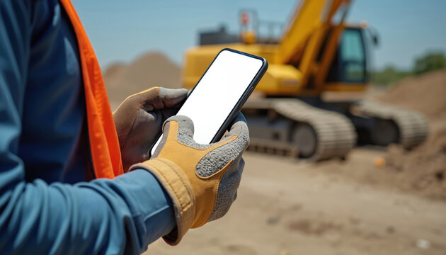 Construction worker uses smartphone on site. Gloved hands hold mobile device near heavy excavator. Person checks screen at work. Day light bright outdoor setting. Safety vest worn.