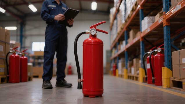 Fire extinguisher with safety inspector checking compliance in warehouse for industrial fire prevention and safety concept.