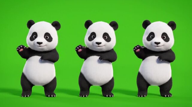 Three cute cartoon pandas dancing together on a green background, full shot, playful animation, adorable characters in motion, cheerful and fun rhythm, studio footage for kids