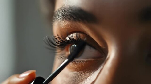 Macro shot of mascara brush slowly applied to eyelashes in soft natural lighting. Ultra-realistic beauty scene highlighting texture, precision, and delicate makeup application.
