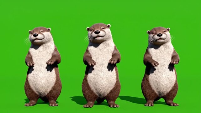 Three joyful cartoon otters dancing energetically on green screen background, animated clip with playful expressions and synchronized movements celebrating in a fun party atmosphere