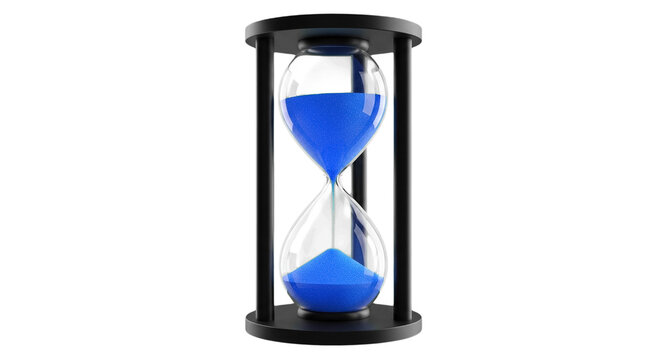 Blue sand hourglass isolated, time passing concept minimal object.