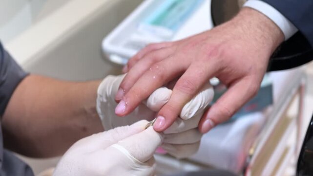 close-up of gloved technician performing manicure, trimming cuticles and applying gel polish on client fingers in a hygienic beauty salon spa.