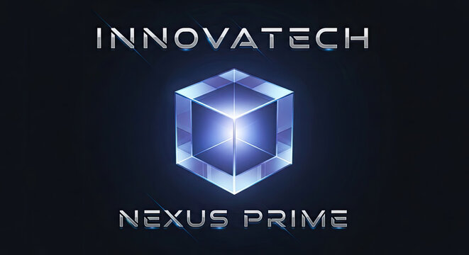 Futuristic digital cube logo with text on dark background.