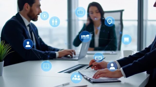 Business professionals collaborate at a table, surrounded by digital icons representing connection