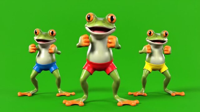 Three cheerful cartoon frogs dancing in swim shorts on a vibrant green background, animated for fun and celebration, perfect for kids content motion footage