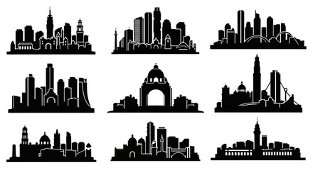 Obraz premium Cityscape Silhouettes Collection: Diverse Urban Skylines in Black and White