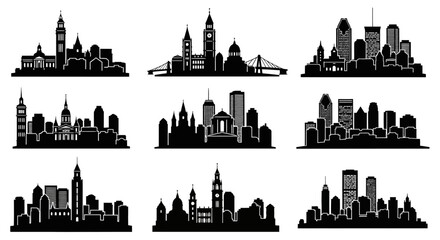 Obraz premium Cityscape Silhouettes Collection: Diverse Urban Skylines in Black and White