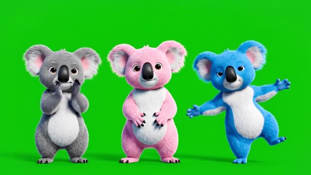Cute cartoon koalas wave hello on green screen background playful animated characters dancing and moving in cheerful motion
