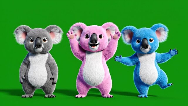 Three cute cartoon koalas dancing and playing on a green screen background showing joyful movement and happy expressions