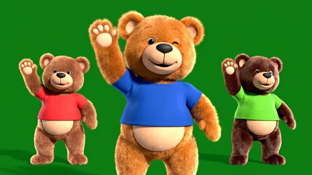 Three animated teddy bears dancing and waving on green screen background, fun movement and playful characters in joyful celebration, kids entertainment concept footage